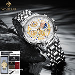 WISHDOIT Original Watch for Men&#39;s Waterproof Stainless Steel Quartz Analog Fashion Business Sun Moon Star Wristwatches Top Brand