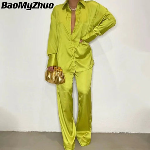 2022 Elegant Satin Women&#39;s Matching Sets Casual Long Sleeve Shirt Straight Pants Suit Female Loose Solid Tops Two Pieces Outfits