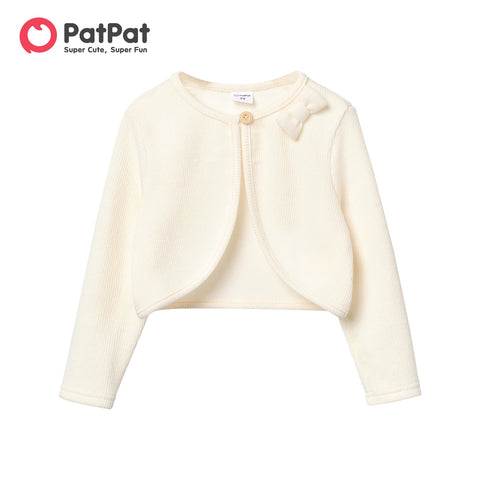 PatPat Toddler Girl Solid Color Bowknot Design Ribbed Cardigan Jacket