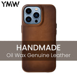 YMW Handmade Oil Wax Genuine Leather Case for iPhone 14 Pro Max Plus 13 12 mini Luxury Business Retro Pull-up Cow Phone Cover