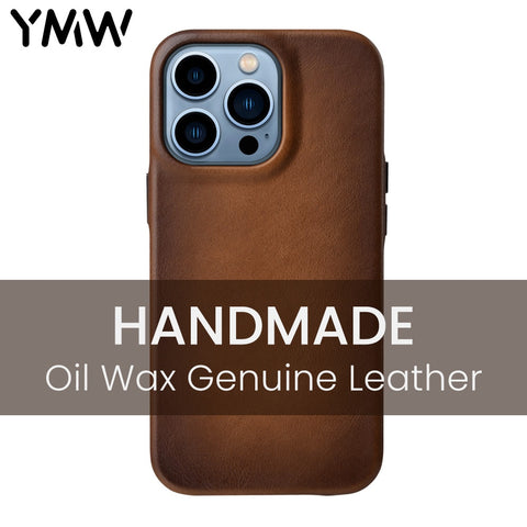 YMW Handmade Oil Wax Genuine Leather Case for iPhone 14 Pro Max Plus 13 12 mini Luxury Business Retro Pull-up Cow Phone Cover