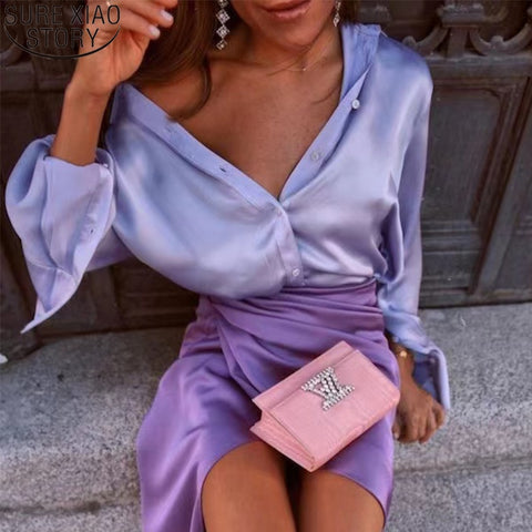 Elegant Satin Shirts Women Fashion Tops 2023 Spring Solid Long Sleeve Blouses Vintage Purple Casual Loose Buttons Clothes 18913