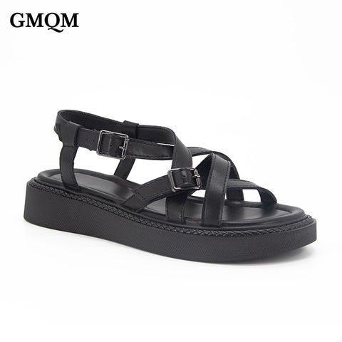 GMQM Fashion Women&#39;s Summer Sandals New 2023 Genuine Leather Slippers Shoes High-Quality Flats Classic Outdoor Walking Shoes