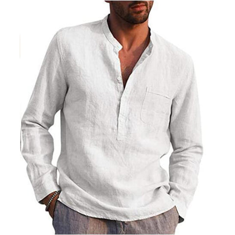 Cotton Linen Hot Sale Men&#39;s Long-Sleeved Shirts Summer Solid Color  Stand-Up Collar Casual Beach Style Plus Size