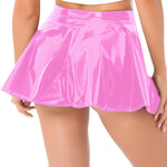 Womens Invisible Zipper A-Line Short Mini Skirts Glossy Patent Leather Flared Miniskirt Club Bar Pole Dance Performance Costume