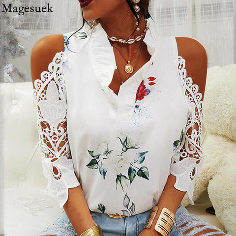 Sexy Hollow Out Printed Women Blouses V-Neck Elegant Short Sleeve Lace Shirts Summer Female Strapless Blouse Casual Tops 19361