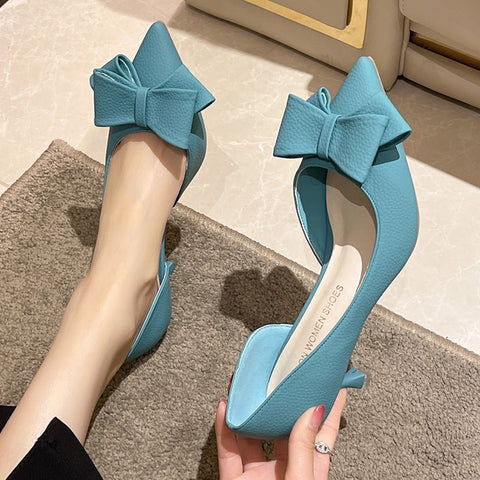2023 New Bowknit Thin Heels Pumps Women Blue Elegant Slip-On Party Shoes Woman Summer Pointed Toe Solid Color High Heels Shoes