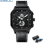 CRRJU Fashion Square Dial Leather Mens Watches Luxury Sport Waterproof Watch Man Chronograph Quartz WristWatches Homme+Box