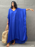 2023 Solid Blue Plus Size Long Kaftan Casual V-neck Robe Summer Maxi Dress Woman Clothing Beach Wear Swim Suit Cover Up Q1384