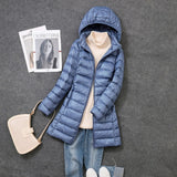 2022 women spring jacket Ultralight Thin Packable Down Long Jacket  Female Hat Detachable slim fit skirt Coat Portable Outwear