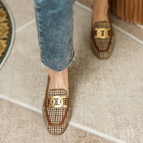 HOT SALES Women Loafers Square Toe Chunky Heel Shoes for Women Spring Women Shoes Lattice Women Pumps Cow Leather Handmade Shoes