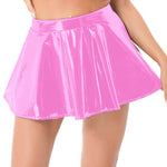 Womens Invisible Zipper A-Line Short Mini Skirts Glossy Patent Leather Flared Miniskirt Club Bar Pole Dance Performance Costume