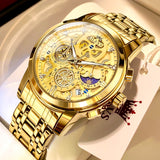 OLEVS Men&#39;s Watches Top Brand Luxury Original Waterproof Quartz Watch for Man Gold Skeleton Style 24 Hour Day Night New