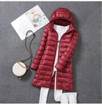 2022 women spring jacket Ultralight Thin Packable Down Long Jacket  Female Hat Detachable slim fit skirt Coat Portable Outwear