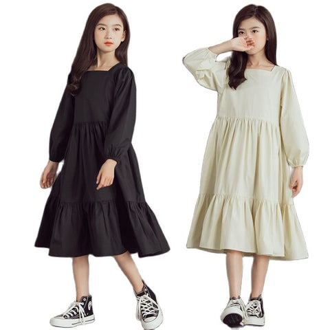 Spring Korean Style Ruffles Dresses For Teenage Girls Square Collar Cotton Solid Loose Midi Dress Kids Children Clothes 13 14 16
