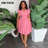 CM.YAYA Women Big Swing Lapel Collar Flare Short Sleeve High Waist Dress INS 2023 Fashion Evening Sexy Party Dresses Vestidos