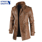 Men Winter Long Thick Fleece PU Leather Jacket Mens Streetwear Casual Business Clothing Pocket Leather Jackets Coat Outwear Men