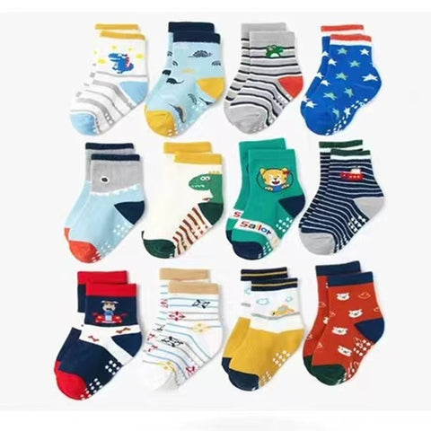 12pair/Lot Non Slip Toddler Socks  with Grip for Boys Girls Baby Infants Kids Anti Skid Cotton Crew Socks 1-7Years