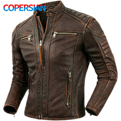 COPERSIAN Men&#39;s Natural Leather Jackets 100% Top Layer Cowhide Vintage Stand Collar Pilot Jacket Short Genuine Leather Coat