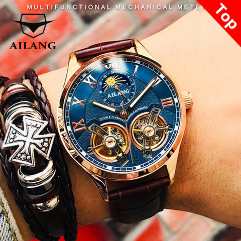 AILANG Original Design men&#39;s Double Flywheel Automatic Mechanical Watch Fashion Leisure Business Luxury Clock