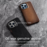 YMW Handmade Oil Wax Genuine Leather Case for iPhone 14 Pro Max Plus 13 12 mini Luxury Business Retro Pull-up Cow Phone Cover