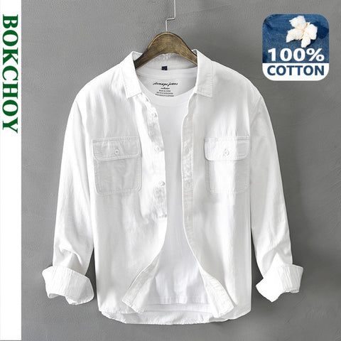 Autumn Winter New Men New Men&#39;s White Long Sleeve Shirt Pure Cotton Retro Style Button Up Pocket White Workwear GA-Z102