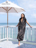 2023 Red Bohemian Striped Women Beach Dress Bathing Suit Cover Up Summer Tunic For Woman Beachwear bobe de plage Kaftan Q1218