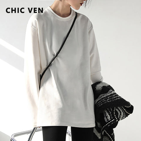 CHIC VEN Spring Autumn Women&#39;s Solid Color Loose Long Sleeve T-shirt O-neck Basic Top Bottomed Shirt  Casual  Tshirt Woman Femal