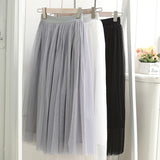 Vintage Tulle Skirt Women Elastic High Waist  3 Layers  A-line Pleated Mesh Skirt Long Bride Tutu Skirts Female Jupe Longue