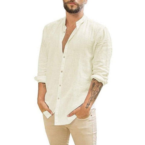 Cotton Linen Hot Sale Men&#39;s Long-Sleeved Shirts Summer Solid Color  Stand-Up Collar Casual Beach Style Plus Size