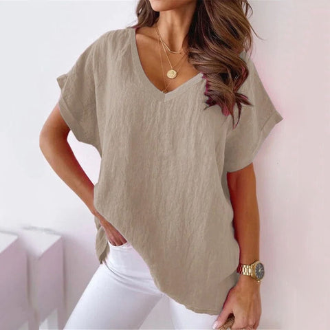S-5XL Size Cotton T Shirt Khaki Short Sleeve Tops For Women Summer Solid Color Loose V-Neck Shirts White