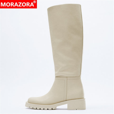 2022 ZA New Fashion Full Genuine Leather Boots Women Slip On Knee High Boots Autumn Winter Straight Knight Botas Size 34-43