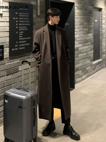 Mauroicardi Autumn Winter Long Casual Brown Black Soft Thick Warm Woolen Coat Men Sashes Luxury Designer Plus Size Overcoat 5XL