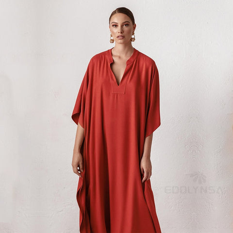 2023 Long Red Kaftan Plus Size V-neck Maxi Dress Summer Clothing Women Beach Wear Swim Suit Cover Up robe de plage sarong Q1344