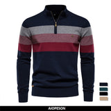 AIOPESON Men&#39;s Patchwork Pullover Sweater Cotton Casual Zipper Mock Neck Sweater for Men New Winter Fashion Warm Sweater for Men