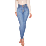 2023 Elastic Women Jeans Stretch Slim High Waist Buttons Cotton Blue Female Casual Denim Pants Trousers