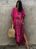 2023 Red Bohemian Striped Women Beach Dress Bathing Suit Cover Up Summer Tunic For Woman Beachwear bobe de plage Kaftan Q1218