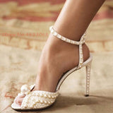 Peep Toe Pearl Wedding Heels Sandals Women Ankle Wrap White Bride Sandals Evening Pumps Casual Party 2022 Women&#39;s Summer Sandals