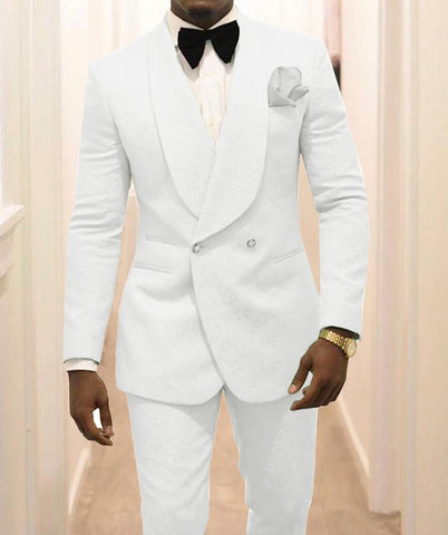 Custom Made Groomsmen White Pattern Groom Tuxedos Shawl Lapel Men Suits 2 Pieces Wedding Best Man ( Jacket+Pants+Tie ) C922
