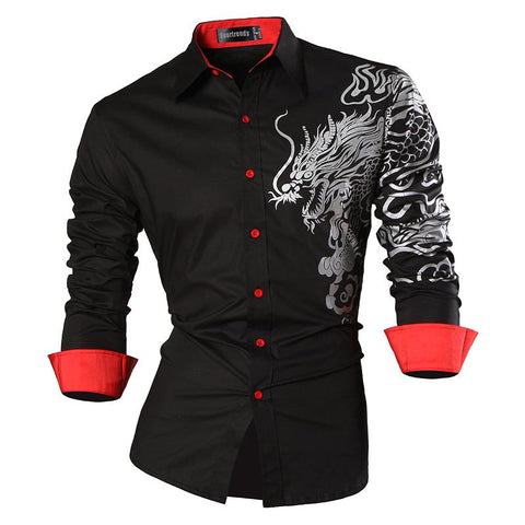 Sportrendy Men&#39;s Shirt Dress Casual Long Sleeve Slim Fit Fashion Dragon Stylish JZS041