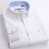 Men&#39;s Long Sleeve Oxford Plaid Striped Casual Shirt Front Patch Chest Pocket Regular-fit Button-down Collar Thick Work Shirts