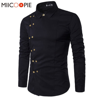 Spring Shirts Men Personality Oblique Button Irregular Double Breasted Men  Long Sleeve Camisa Masculina Male Slim Fit Shirt
