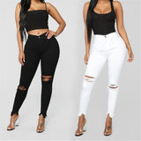 Black and white ripped jeans For women Slim denim jeans Casual Skinny pencil pants Fashion Women&#39;s clothing plus size S-3XL