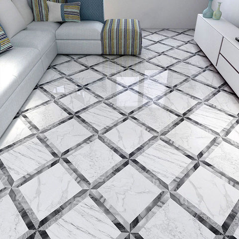 3D Flooring Mural Modern Jazz White Marble Tiles Wallpaper Living Room Bedroom Bathroom 3D Self-Adhesive Waterproof PVC Stickers