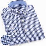 Men&#39;s Long Sleeve Oxford Plaid Striped Casual Shirt Front Patch Chest Pocket Regular-fit Button-down Collar Thick Work Shirts