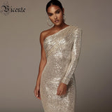 VC Free Shipping Sexy One Shoulder Dress Sparkle Glitzy Sequins Dress Mesh Patchwork Celebrity Christmas Party Vestidos