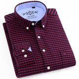 Men&#39;s Long Sleeve Oxford Plaid Striped Casual Shirt Front Patch Chest Pocket Regular-fit Button-down Collar Thick Work Shirts