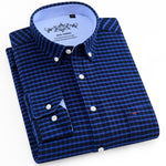 Men&#39;s Long Sleeve Oxford Plaid Striped Casual Shirt Front Patch Chest Pocket Regular-fit Button-down Collar Thick Work Shirts