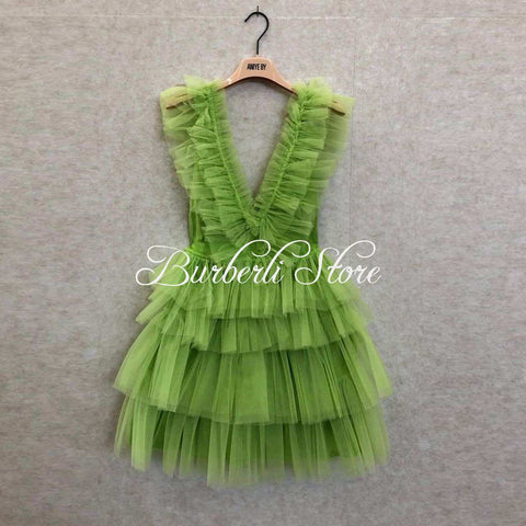 Sexy V-neck Green Tulle Tiered Short Summer Dress Sleeveless Ruffles Mini Mesh Party Gowns Cheaper Girls Dressing