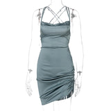 Dulzura Satin Women Strap Mini Dress Ruched Lace Up Cross Bandage Backless Bodycon Sexy Party Elegant 2020 Club Christmas Slim